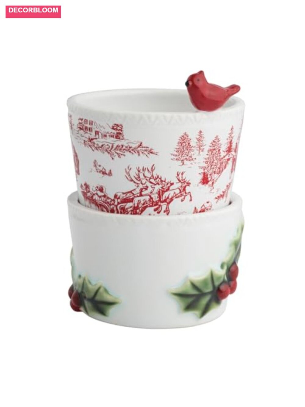 Christmas Cardinal & Holly Tidbit Bowl Set Stoneware Hand-Painted 2-Piece